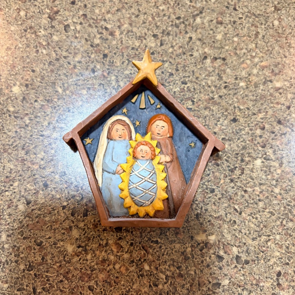 Pat Olson Signed Folk Art Nativity Scene Stable Figurine Christmas Decor Brown